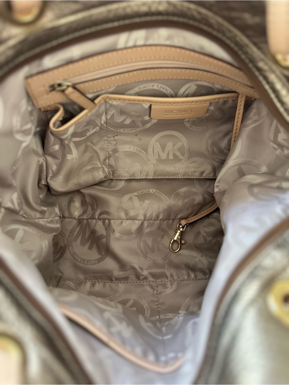 Michael Kors Metallic Bronze Gold Pebbled Leather Tote Bag Shoulder Purse - Picture 6 of 13